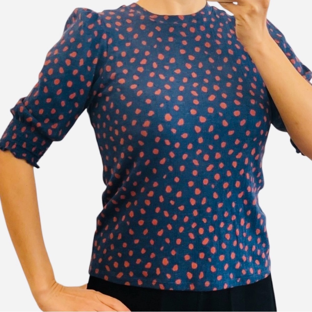 Lucky Brand Navy Blue Polka Dot Short Sleeve Knit Top Smocked Ruffle Sleeve M
